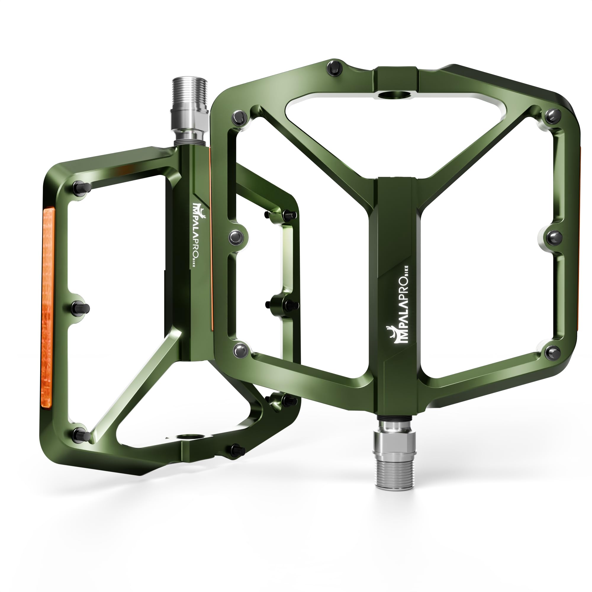 IMPALAPRO Flat Bike Pedals with Reflectors CNC Aluminium 9/16” – MTB Pedals with Extra Wide Platform and Removable Anti-Slip Pins – Lightweight Pedals for Mountain Bike & Road Bike 355 g (army green)
