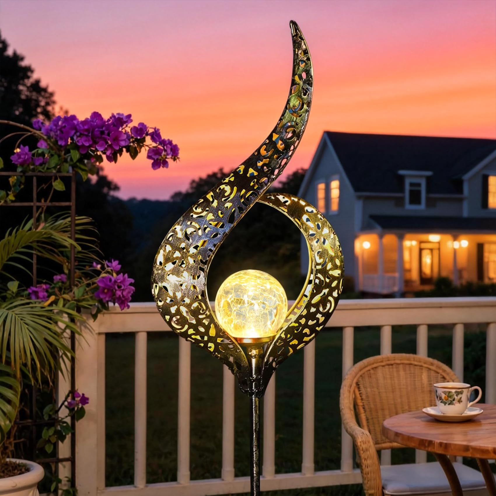 Outdoor Garden Gifts Solar Lights Stake Waterproof, Mothers Day Gifts Mom, Crackle Glass Metal Flower LED Yard Art Ornaments Lights for Pathway, Lawn or Courtyard, Birthday Gifts Women (Bronze)