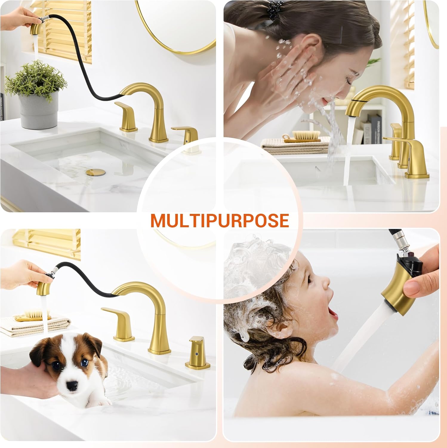 Gold Kitchen Faucet with Sprayer + 2 Handles 8 Inch Bathroom Pull Down Faucet