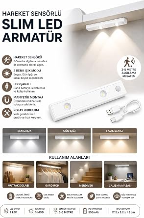 Neo Vista Hareket Sensörlü Slim Led Kabin Armatürü Dekoratif Dim Edilebilir Usb Şarjlı Aydınlatma (Beyaz, 20 CM) [Enerji Sınıfı A]