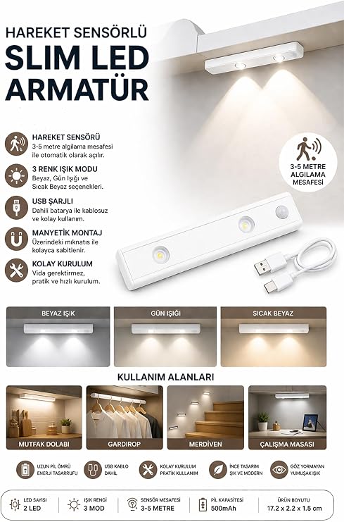 Neo Vista Hareket Sensörlü Slim Led Kabin Armatürü Dekoratif Dim Edilebilir Usb Şarjlı Aydınlatma (Beyaz, 20 CM) [Enerji Sınıfı A]