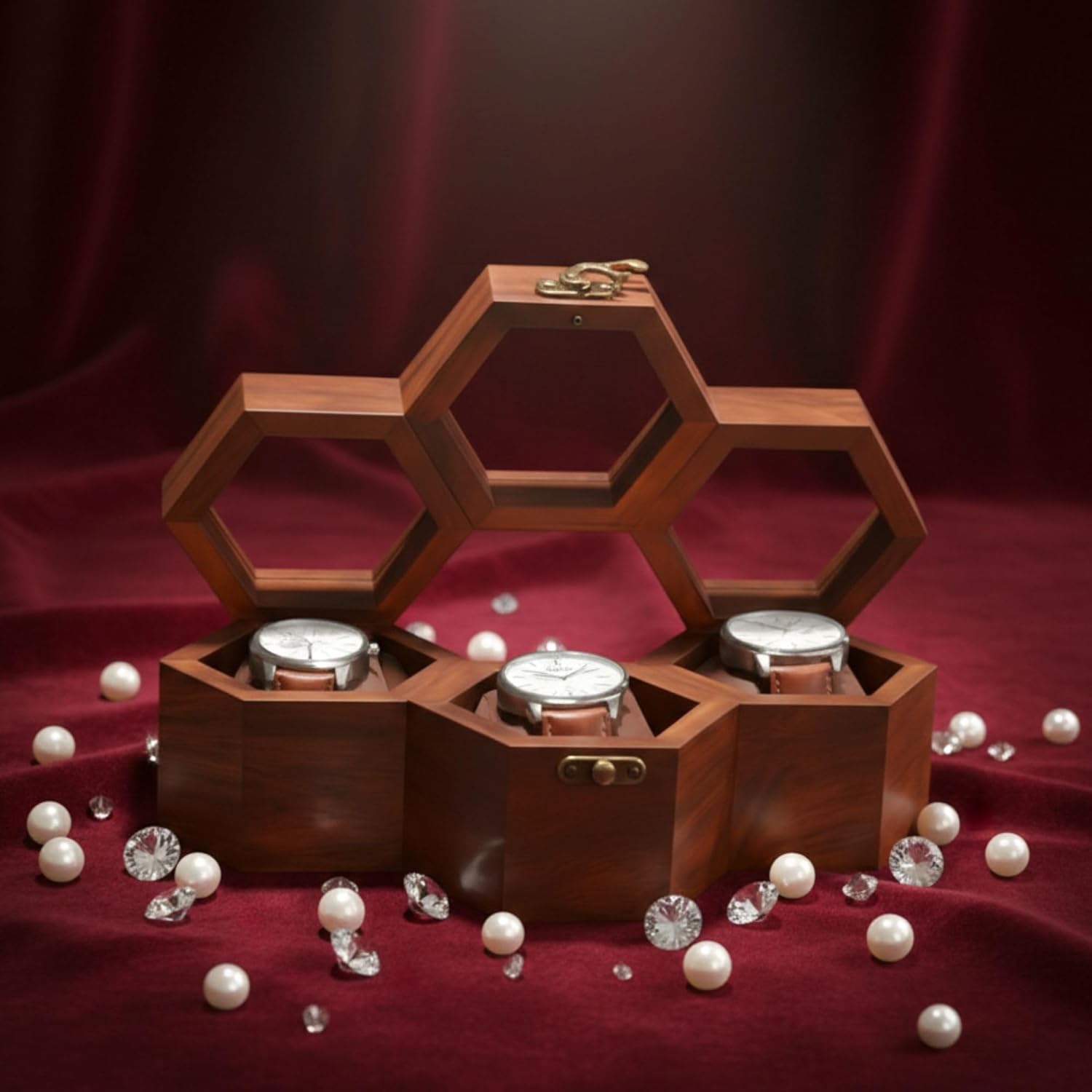 Rosewood Honeycomb Watch Box Display Case Holder Collector Organizer for Men, Men's Vintage Watch Storage Box to Store and Keep your Watches Safe (Slots:- 3)