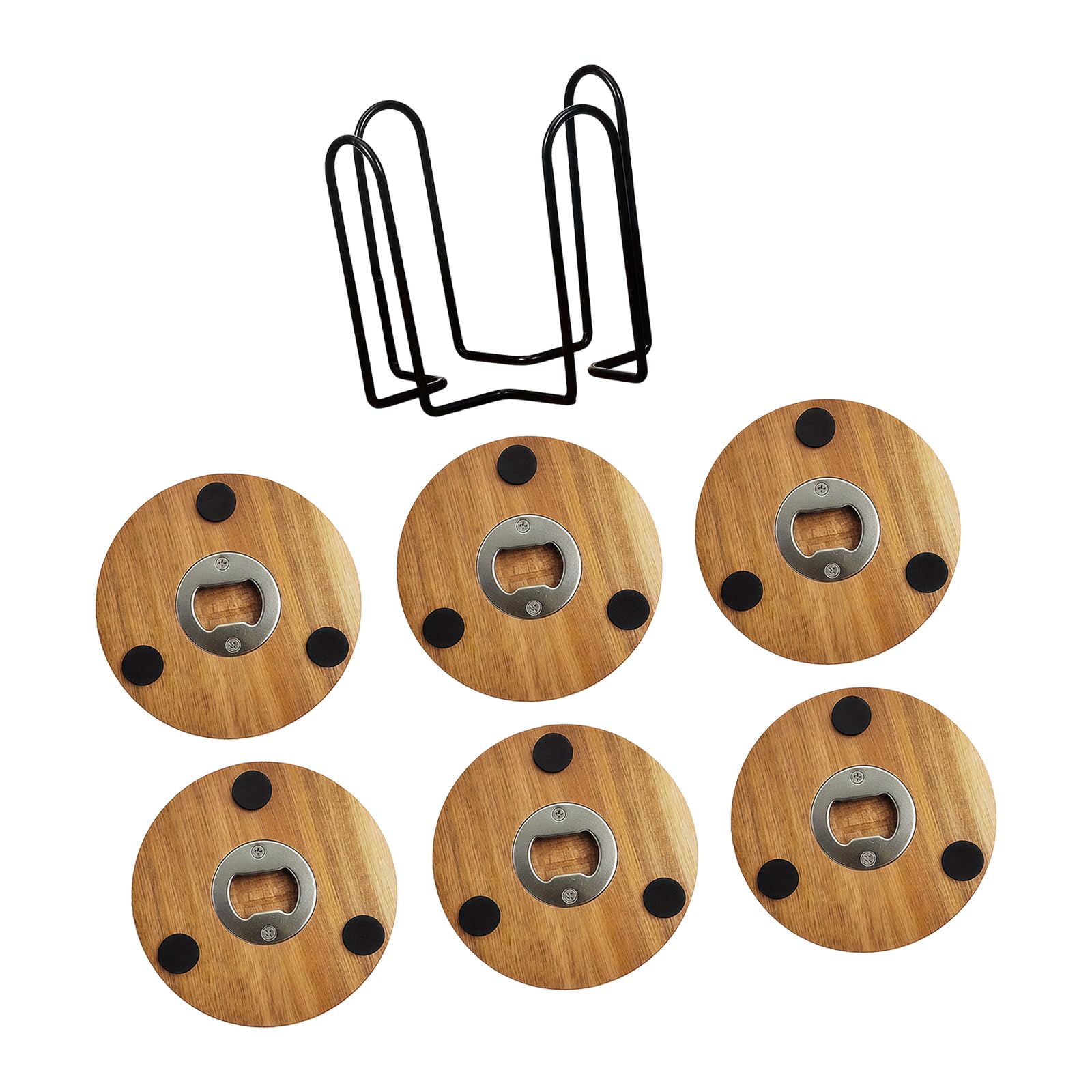 Shurhome 6 Pack Multipurpose Round Wooden Coasters And Beverage Opener Set Insulated Cup Mat For Housewarming And Hosting Guests Wooden Ride