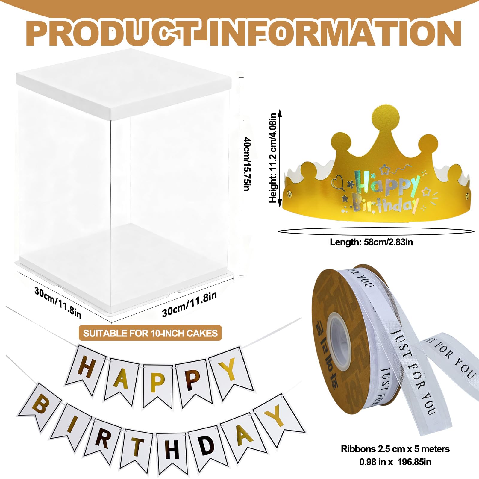 Scatola trasparente per torte da 25,4 cm, 30 x 30 x 40 cm, scatola regalo trasparente per torte con coperchio, bandiera per feste di compleanno, cappello di compleanno, contenitori in plastica per