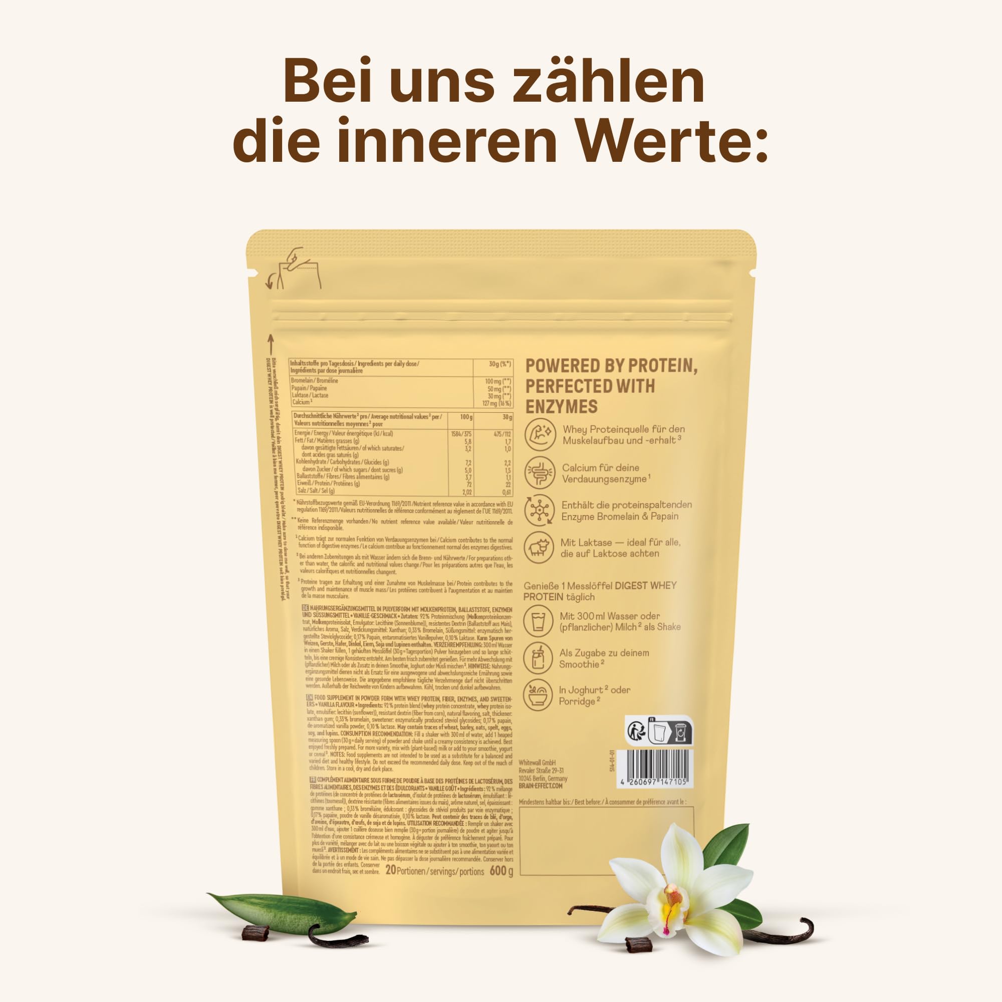 BRAINEFFECT Whey Digest Protein Pulver – 22 g Molkenprotein mit Verdauungsenzymen & Laktase – Leicht verdaulich, laktosefreundlich, für Muskelaufbau & Regeneration – Vanille eiweißpulver – 600 g