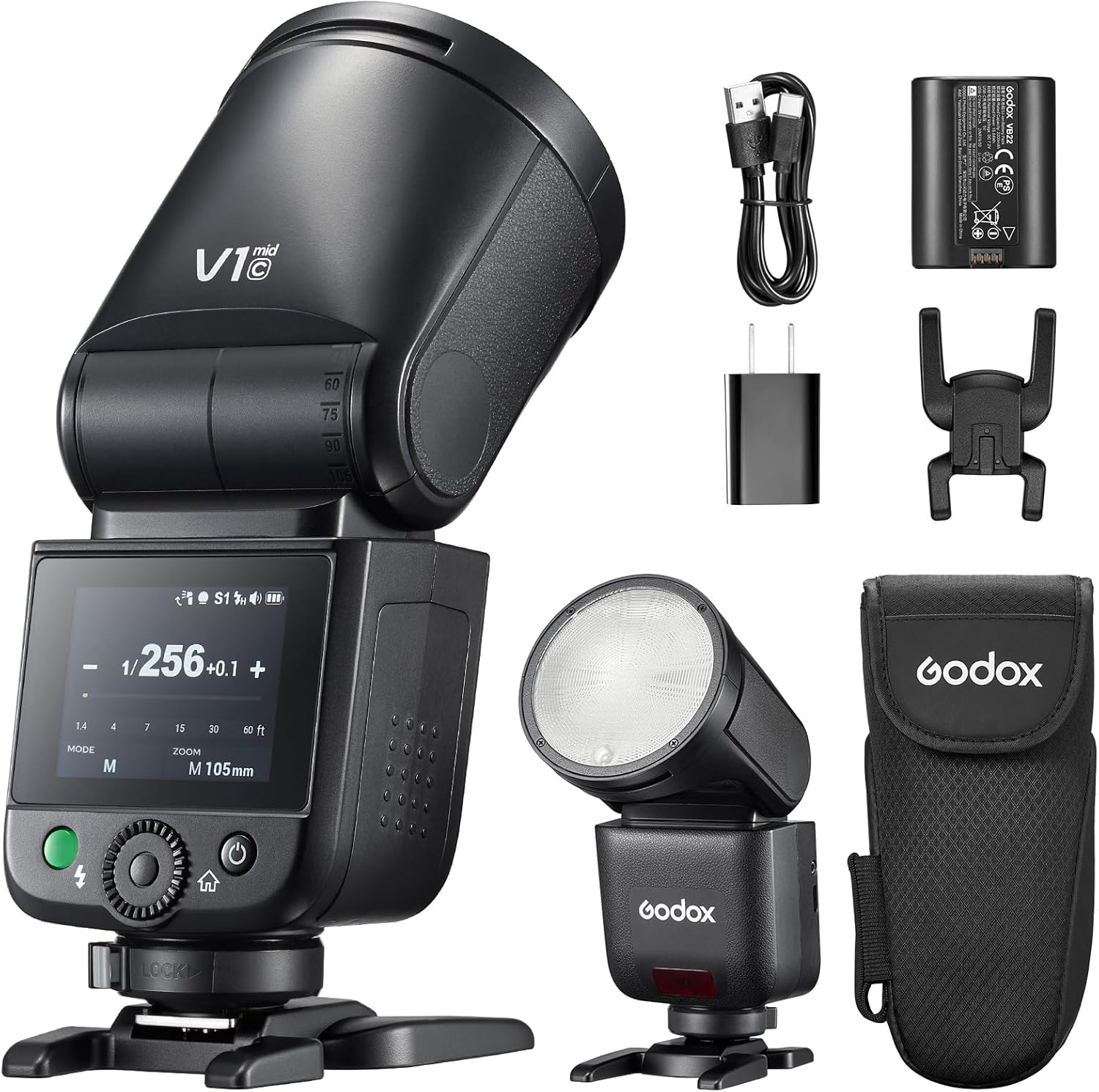 Godox V1 Mid C Round Head Camera Flash, TTL Li-ion 650 Full-Power Flexible Modeling Lamp for Canon 1/80000s HSS Hot Shoe Speedlight 1.7s Recycle time 5300K±200K Speedlite for Product/Wedding/Portrait