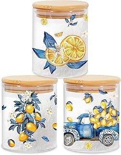3Pcs Lemon Floral Glass Storage Jars with Airtight Lid Yellow Lemon Blue...