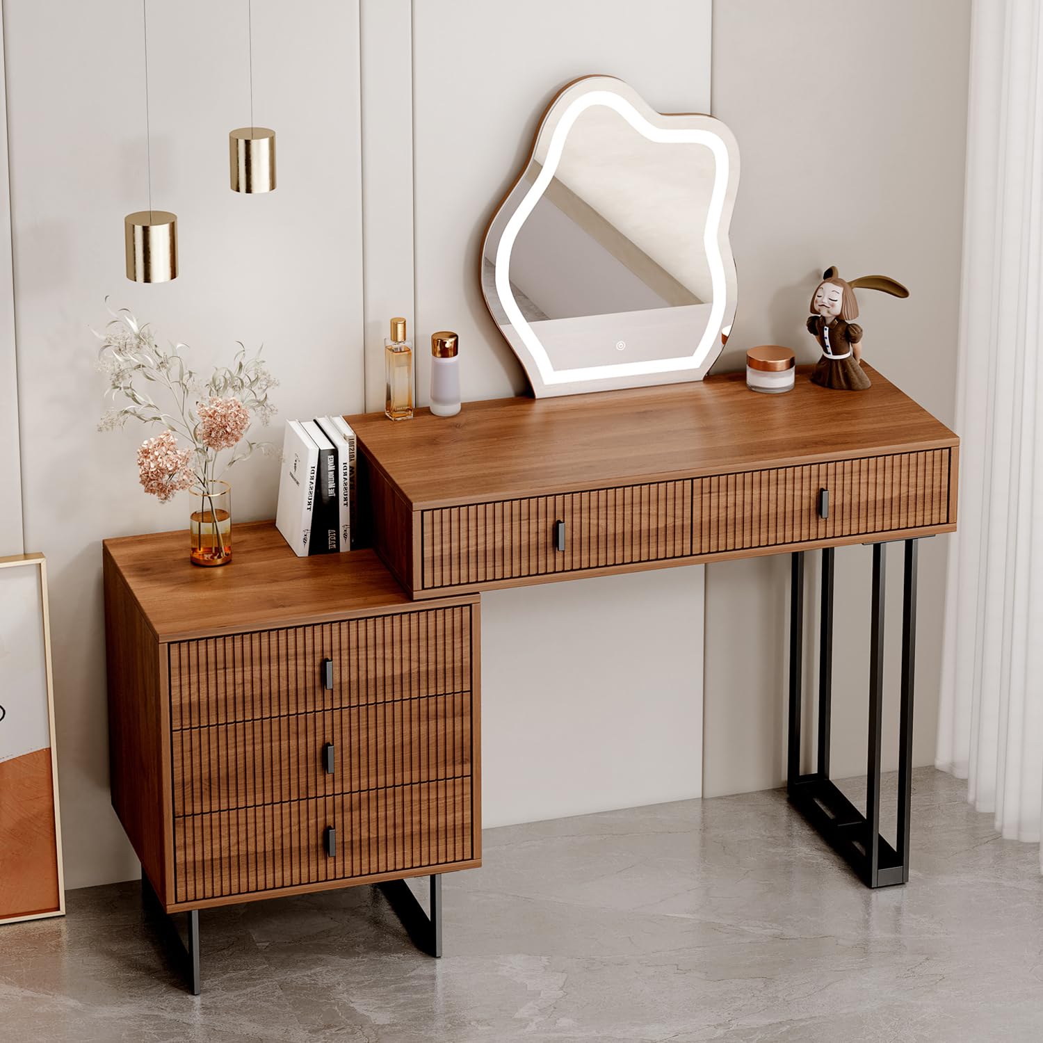 Escritorio marrón con espejo y luces, pequeño tocador de maquillaje con 5 cajones, mesa de maquillaje moderna con gabinete ajustable para dormitorio, sala de maquillaje 8