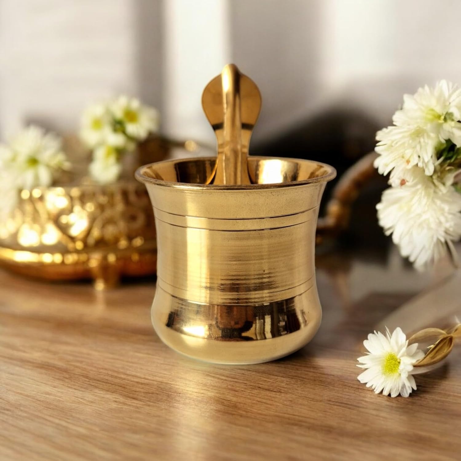 Brass Panchpatra Set with Snake Head Design Spoon(Udarini) | Pooja Accessory for Home or Office Temple | Pooja Glass and Spoon for Charnamrit | Height : 2.5 Inch | Weight : 60 Grams (Brass)