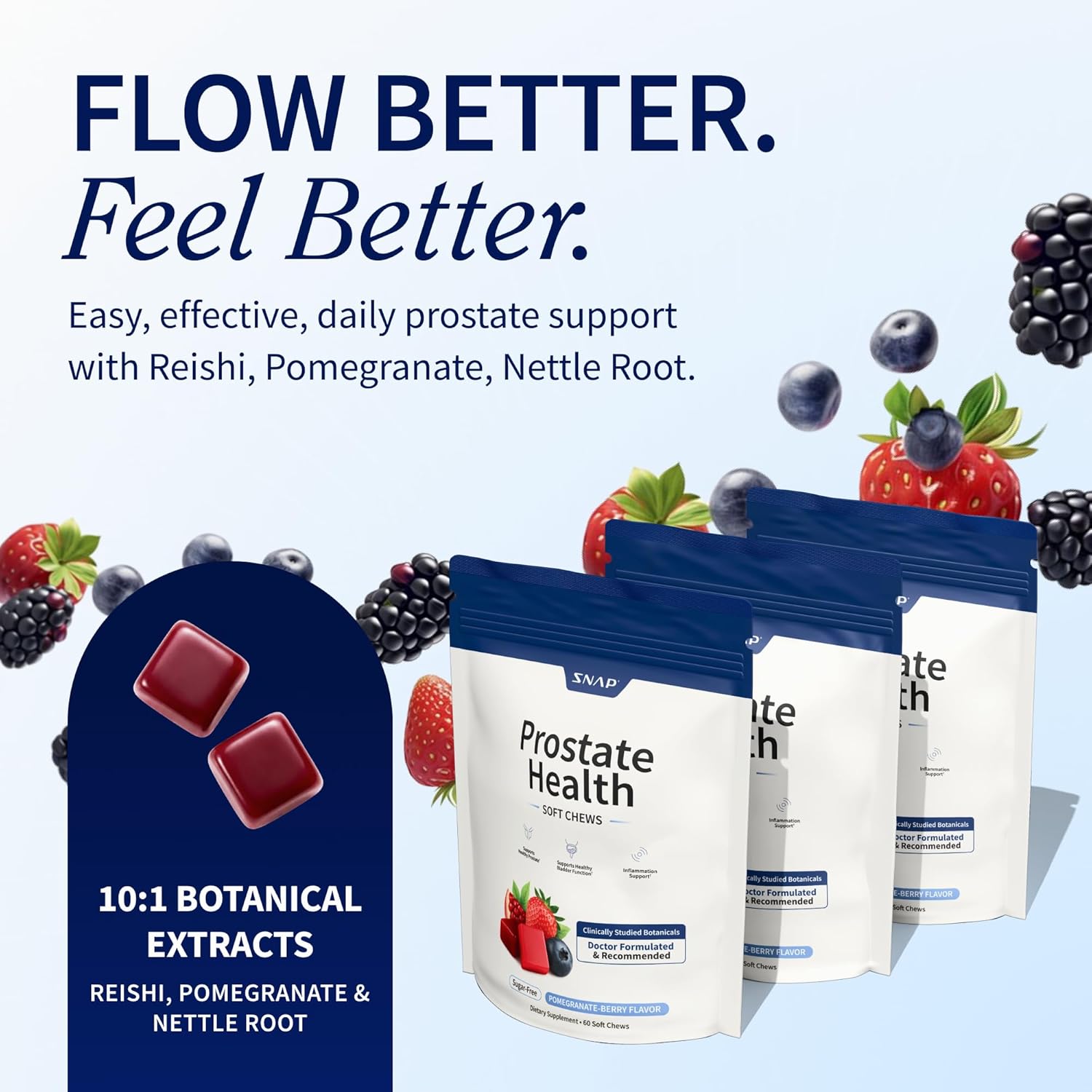 Snap Supplements Prostate Health Supplement for Men with Plant Sterols, Nettle Root & Reishi Mushroom - Supports Prostate and Urinary Wellness, 60 Sugar Free Soft Chews, Pomegranate-Berry