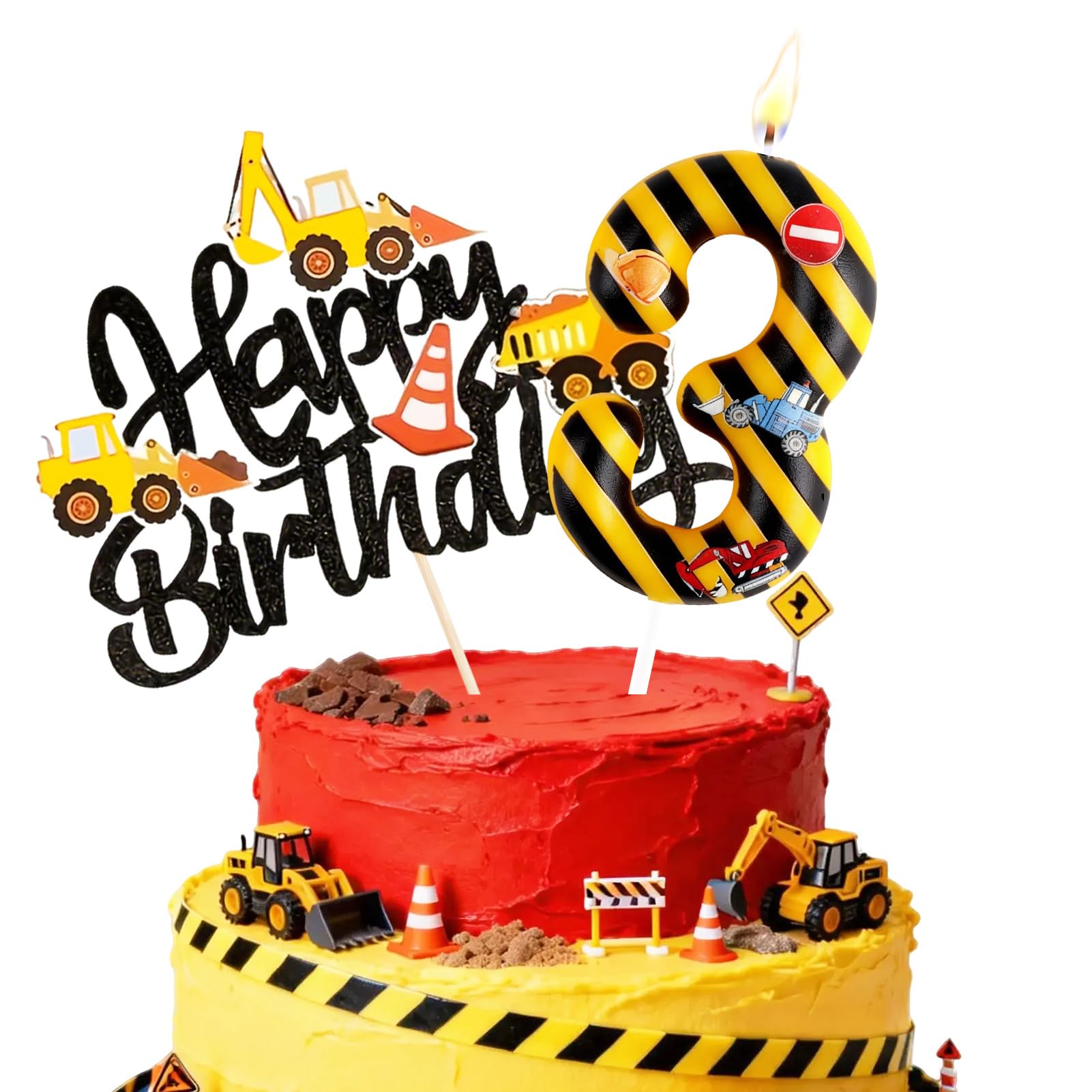 Birthday Candles for Cake, Yellow Black Striped Construction Number Candles, Cake Candles with Greeting Card for Birthday Party Wedding Anniversary Celebrations(3 Candle,Construction)