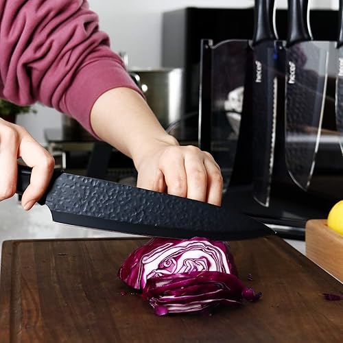 Miniatura 9 de Hecef - Juego de 6 cuchillos de cocina, color negro mate con soporte acrílico, hoja de acero inoxidable martillado y mango de polipropileno, apto