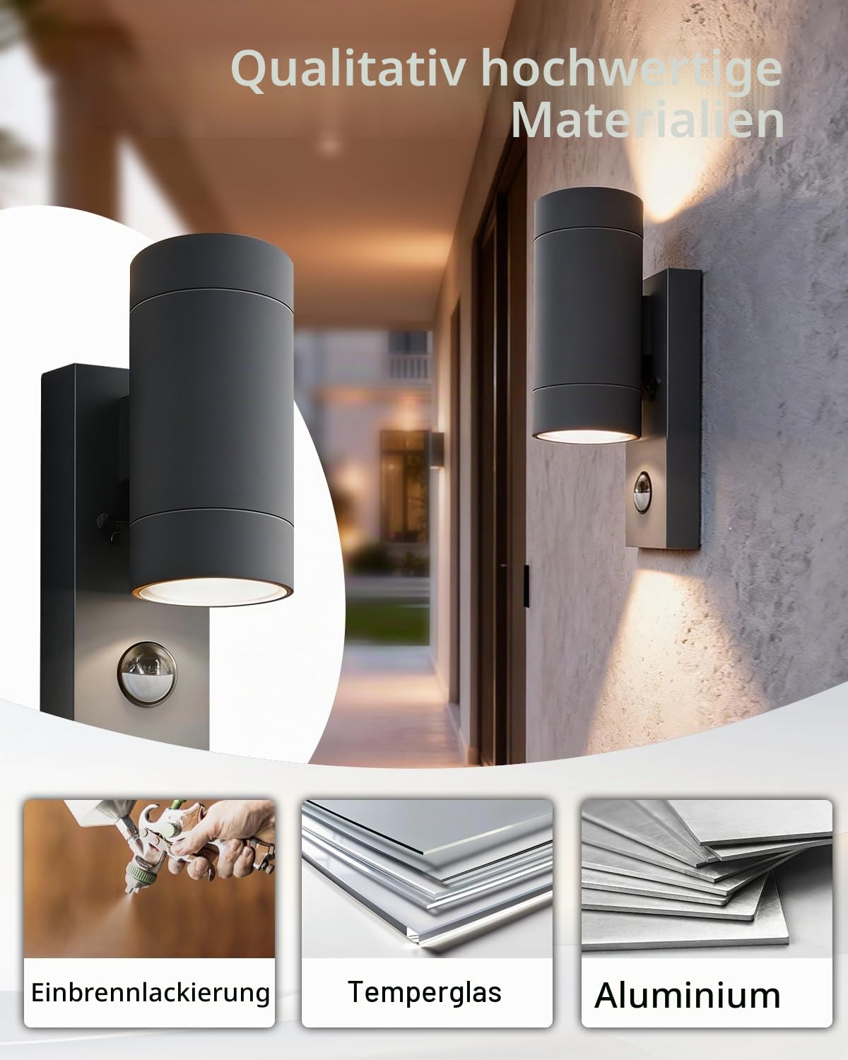 Aussenlampe mit Bewegungsmelder, Up and Down Außenlampe GU10 | IP65 Wasserdichte Wandleuchte Aussen, Aluminium Wandlampe Aussen für Wand, Haustür, Terrasse, Balkon, Anthrazit, 2 Stück