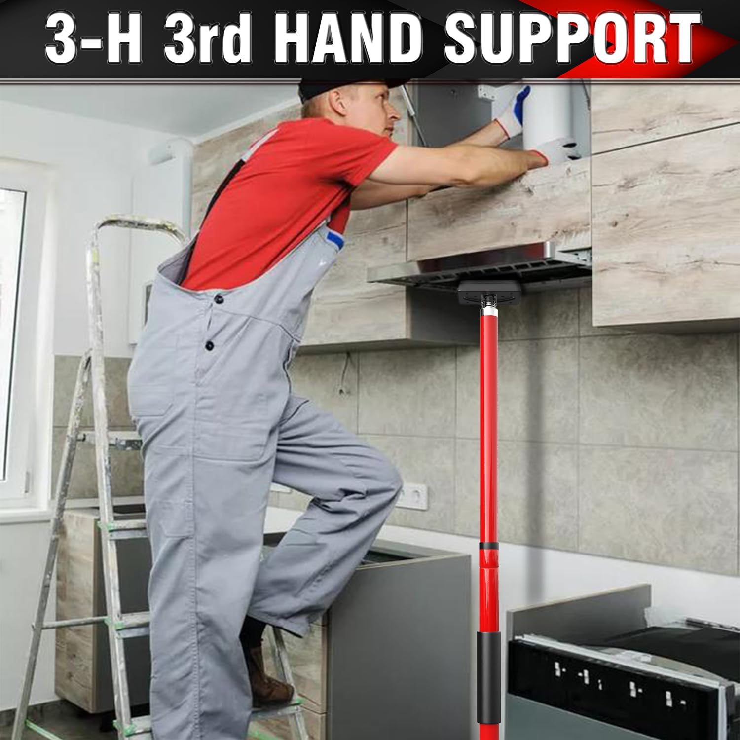 3-H Cabinet Jacks for Installing Cabinets, Thickened All-Steel Adjustable Support Pole with Twist-Lock Mechanism, Heavy-Duty Third Hand Tool, Red, 27.5"-43" 2pc