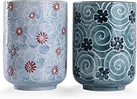 WHJY 10oz Handleless Japanese Style Ceramic Tea Cups Set of 2 - Cherry Blossom & Geometric Patterns