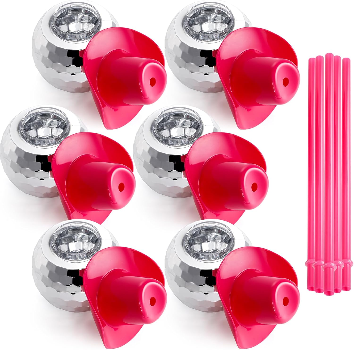 6 Packs Disco Ball Cup Pink Straw, 22oz Flash Ball Party Cups with Cowboy Hat Lid, 70s Silver Glitter Cocktail Spherical Glass, Wine Drinking Syrup Tea Bottle for Bar Nightclub Supply Halloween - Image 6