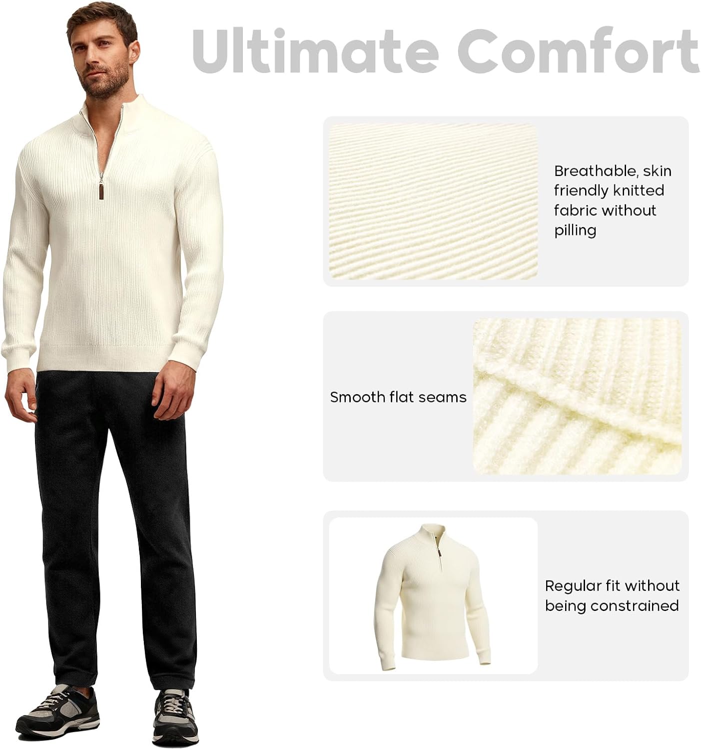 VPG Mens Quarter Zip Sweater, Regular Fit Lightweight Mock Neck Knit Striped Texture Polo Long Sleeve 1/4 Zip Pullover - Image 3