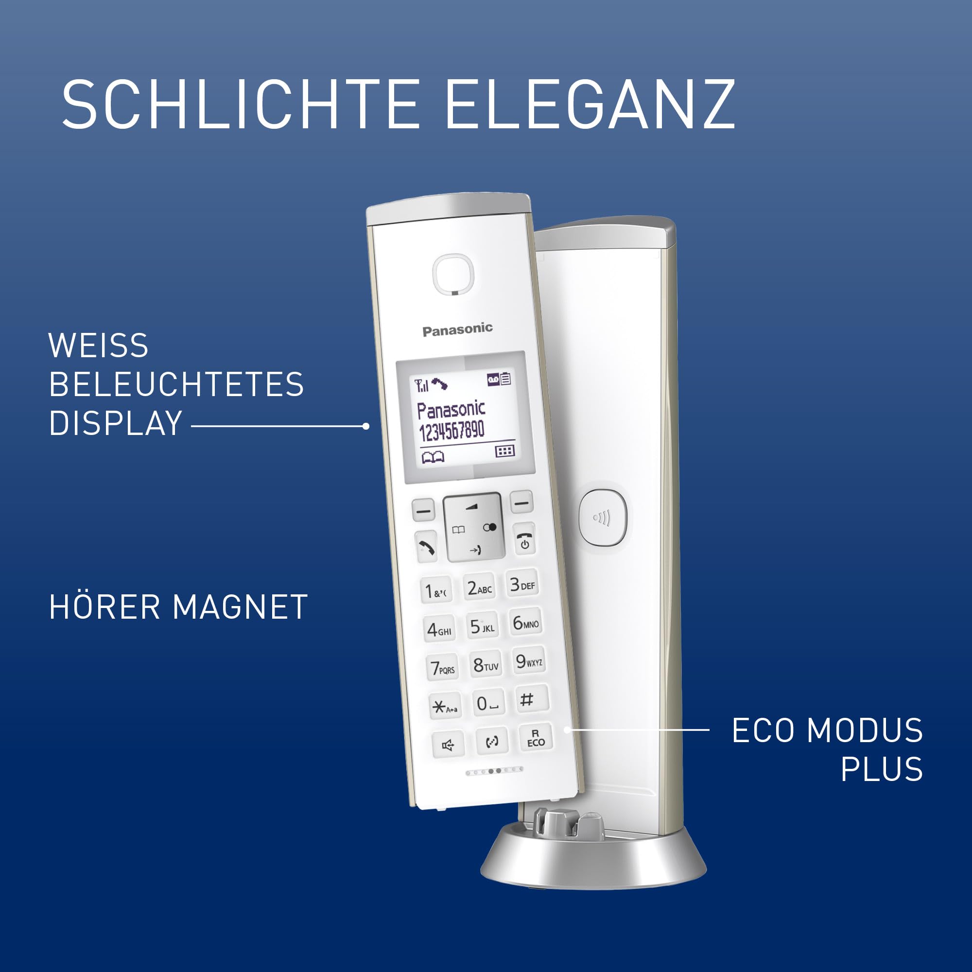 Panasonic KX-TGK220GN Design-Schnurlostelefon mit Anrufbeantworter, Station & Hörer, Freisprecheinrichtung, weißes LCD, Blockierung störender Anrufe, Hörer-Magnet, Champagnergold
