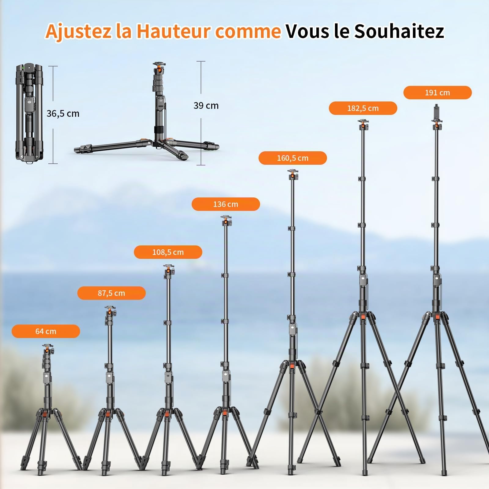 XXZU 191cm Trepied Appareil Photo, Matériel d'assemblage pour Studio Photo, Trepied Telephone Léger En Aluminium Avec Support Pour Téléphone Et Rotule À 360°, Trépied Pour Caméra/Smartphone/Projecteur