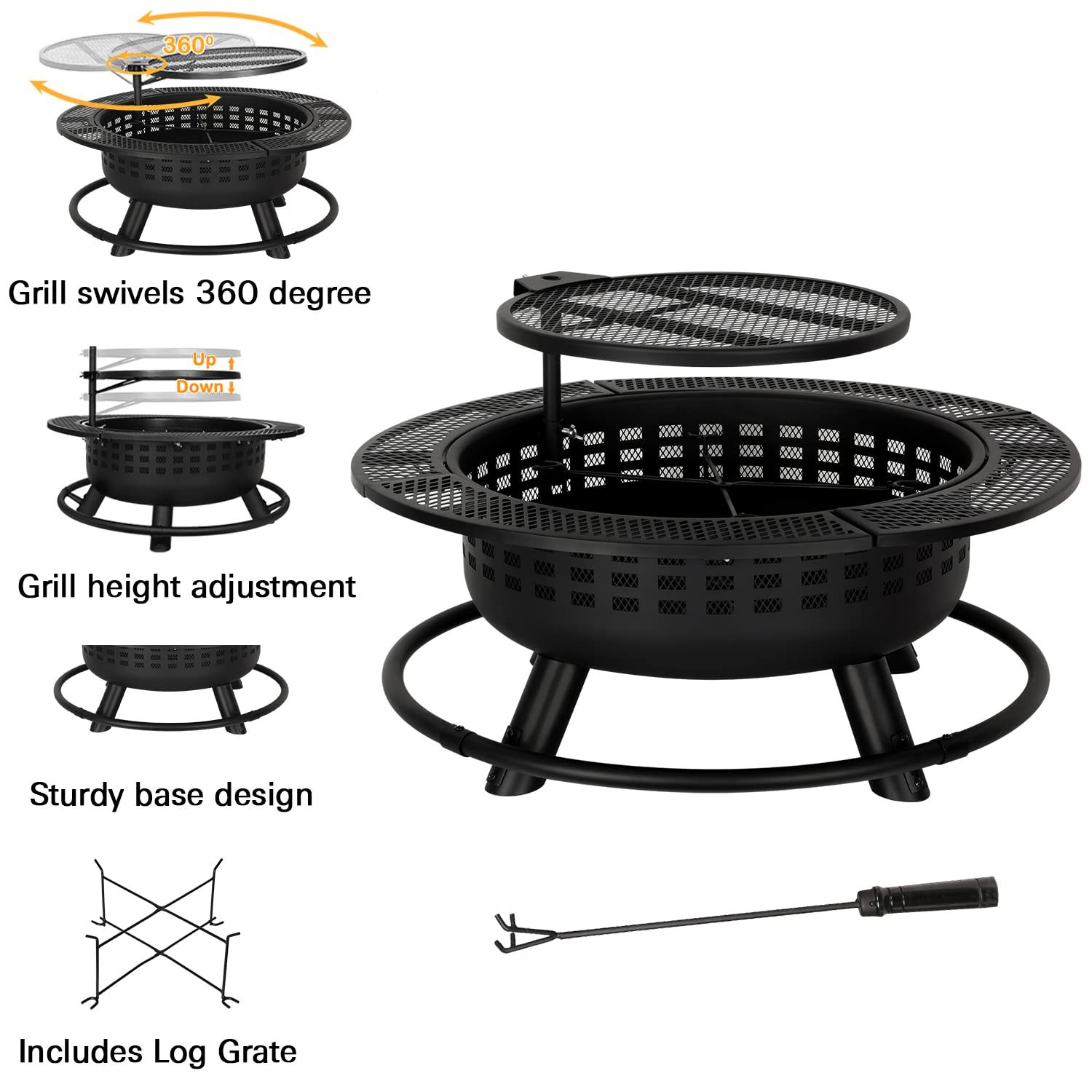 Buy Hykolity 2 in 1 Fire Pit with Swivel Cooking Grill, 32" Wood