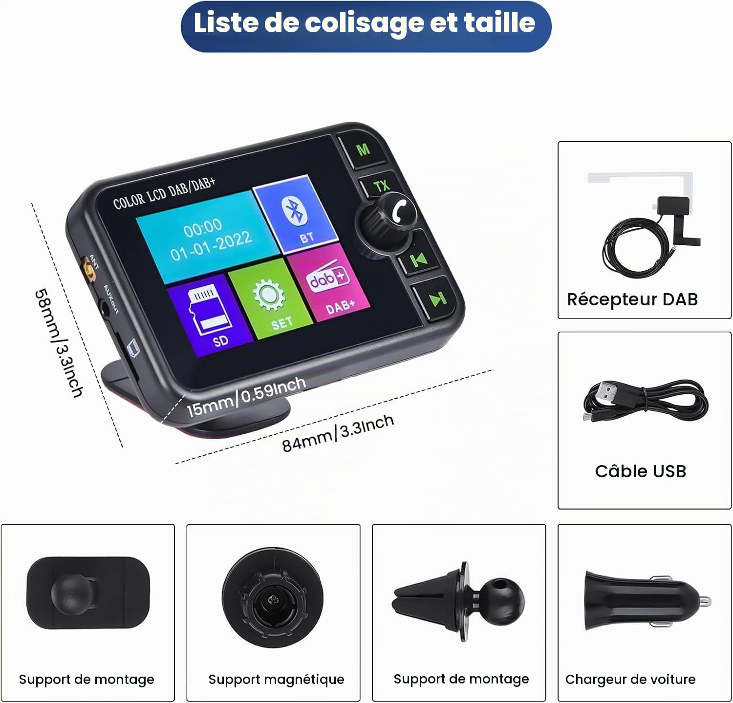 Hikity Adaptateur Radio Dab/Dab+ Portable 2,4" BT FM | Émetteur FM. Mains Libres Bluetooth. Récepteur DAB Numérique. Support TF