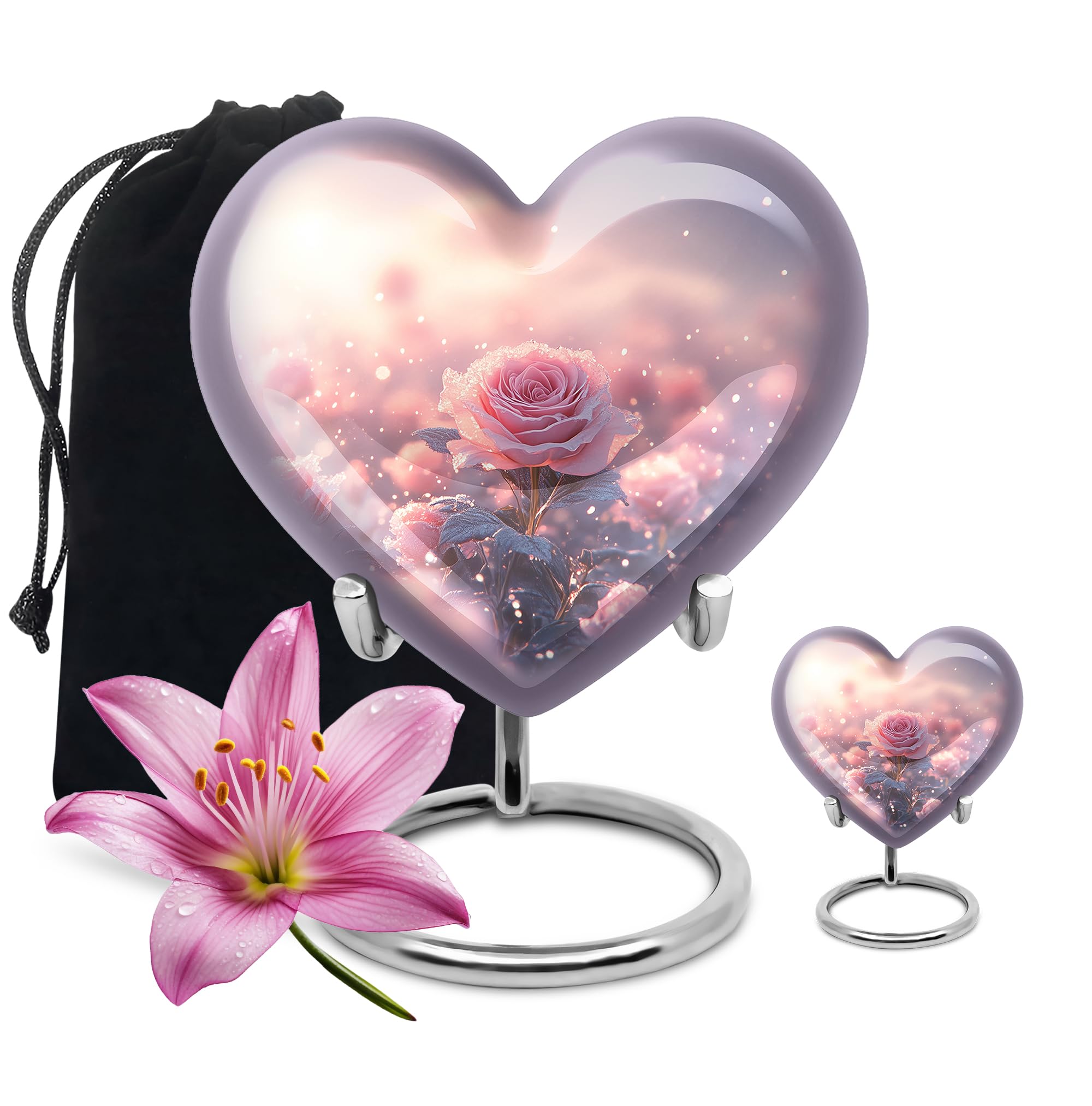 YATHABHISA Cremation Urn Heart for Ashes, Heart Shaped Urn for Ash Adult Human Remains, Memorial Gift Combo for Mom & Dad, Pink, Combo (10 Inch & 3 Inch Mini)