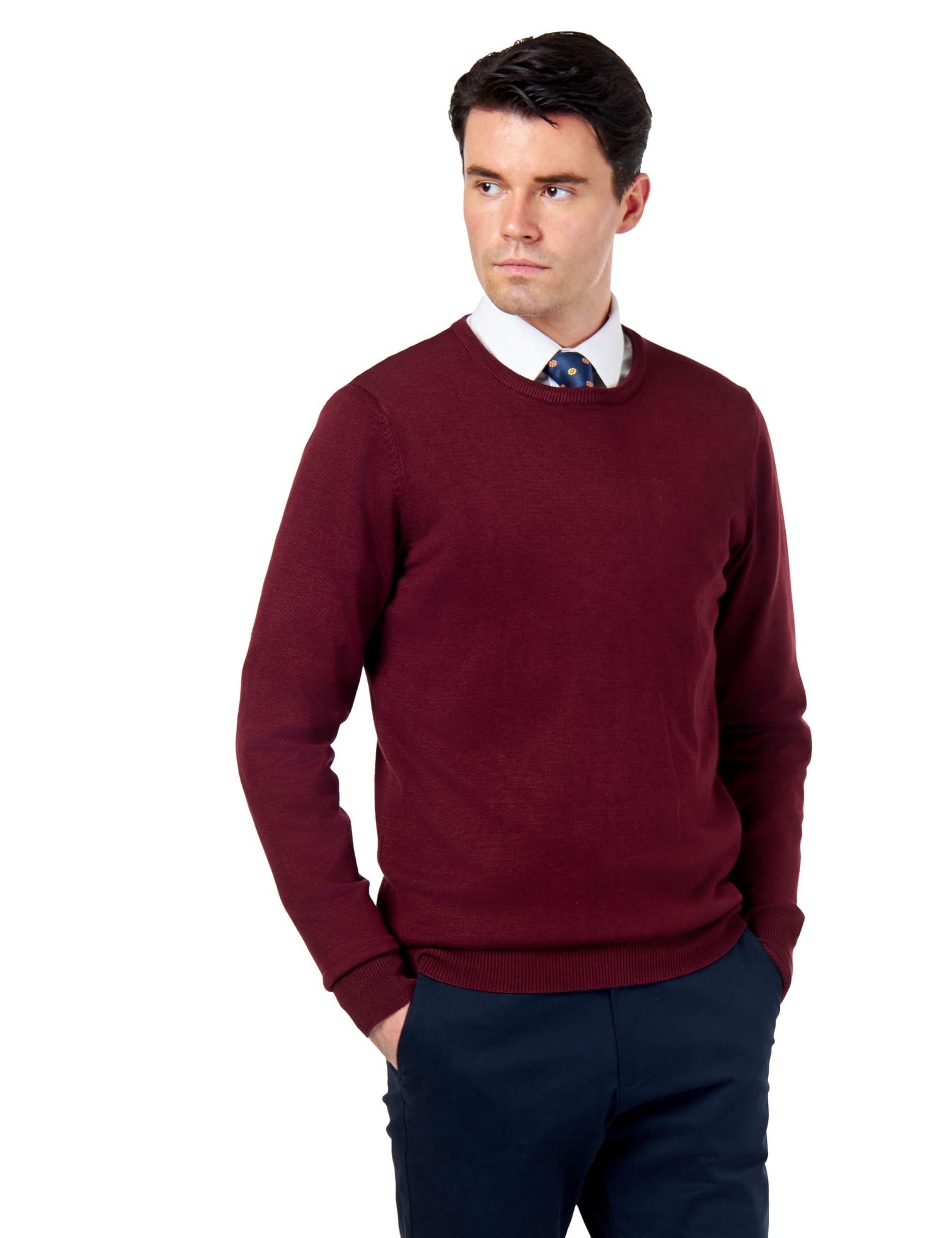 Mens Pure Cotton Maroon Round Crew Neck Jumper Classic Fine Knit Lightweight Pullover Sweater [JUMPER-CREW-NECK-542-MAROON-3XL]
