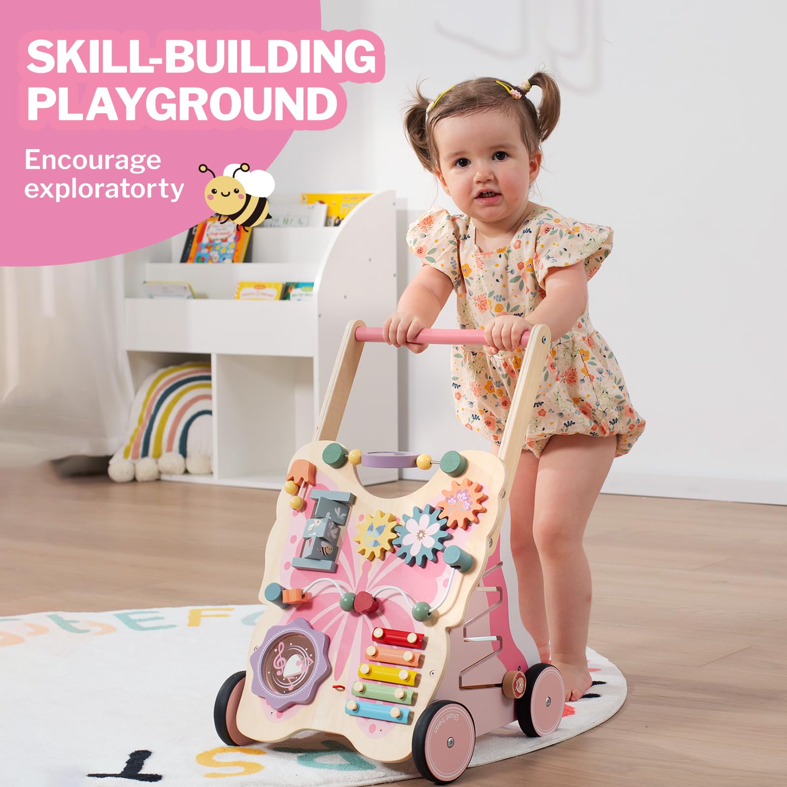 Giant bean Holz-Lauflernwagen Wooden Push and Pull Learning Walker | Schmetterlingsform Baby Lauflernhilfe,ab 1 Jahr, Motorische Fähigkeiten und REGT Die Kreativität an