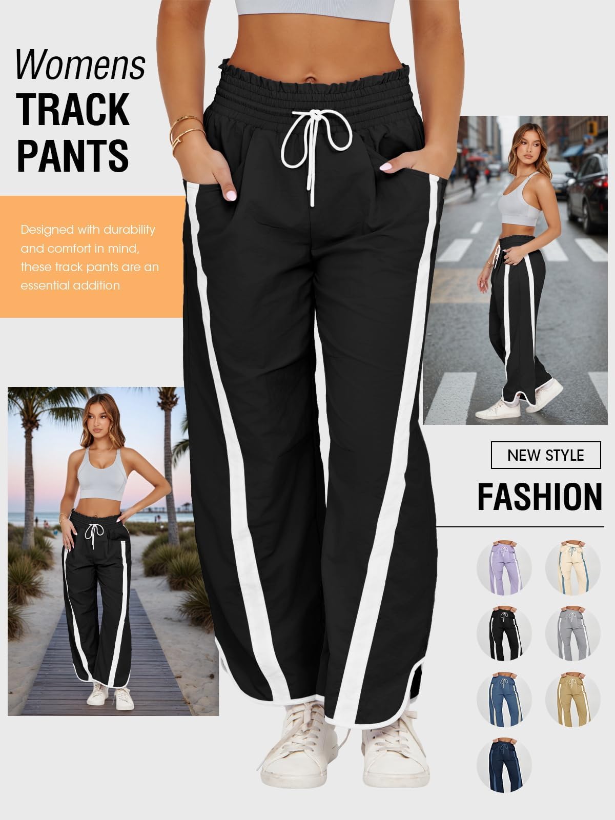 Fisoew Pantaloni da donna con gamba larga e vita elastica Baggy Y2K con coulisse, colori a contrasto, per il tempo libero, con tasche