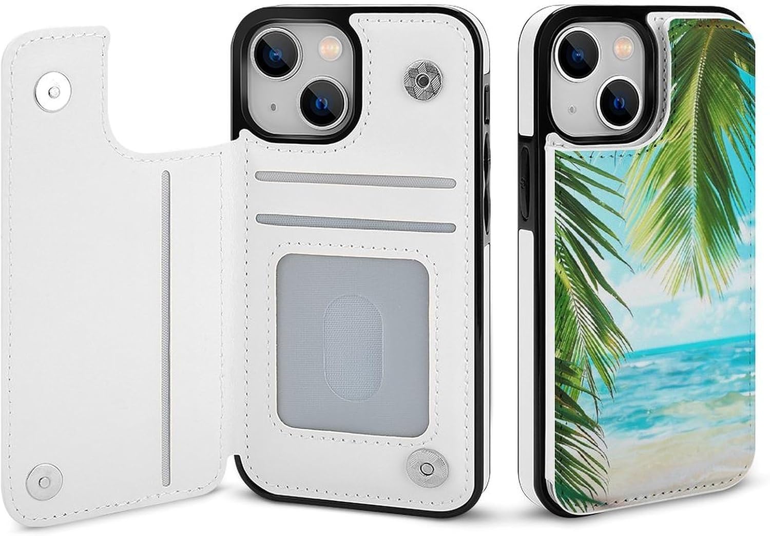 Tropical Beach Plant Theme Print Flip Phone Wallet Case for iPhone 14, PU Leather Magnetic Shockproof Phone Case Cover with Card Holder