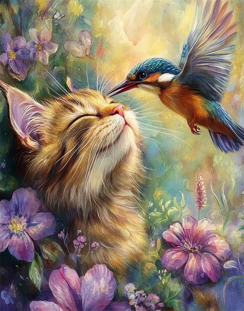 Henypt Stamped Cross Stitch Kits for Beginners Adults with Pattern Funny Cat and A Kingfisher 11Ct DIY Embroidery Crafts for Needle Point Starter Kit Home Decor