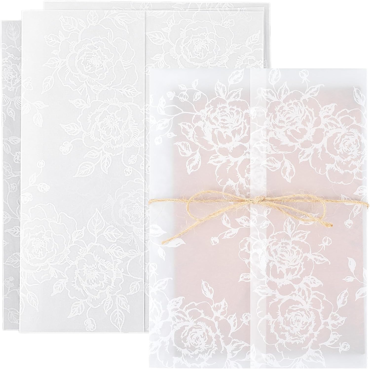100 Pack Vellum Jackets for 5x7 Invitations - Pre-Folded Vellum Paper 5x7, 130GSM Translucent Wedding Invitation Wraps with Elegant Floral Pattern (White)