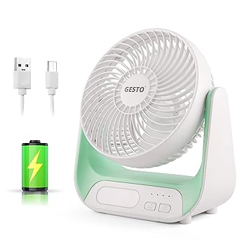 Gesto 7.4 Inch High Speed Rechargeable Table Fan for Home – USB Charging Battery Fan With Led Light | 2400mAh Battery, Upto 8 Hours Runtime | 3 Speed Modes Portable fan for Home, Office,Kitchen-Green - image, photos