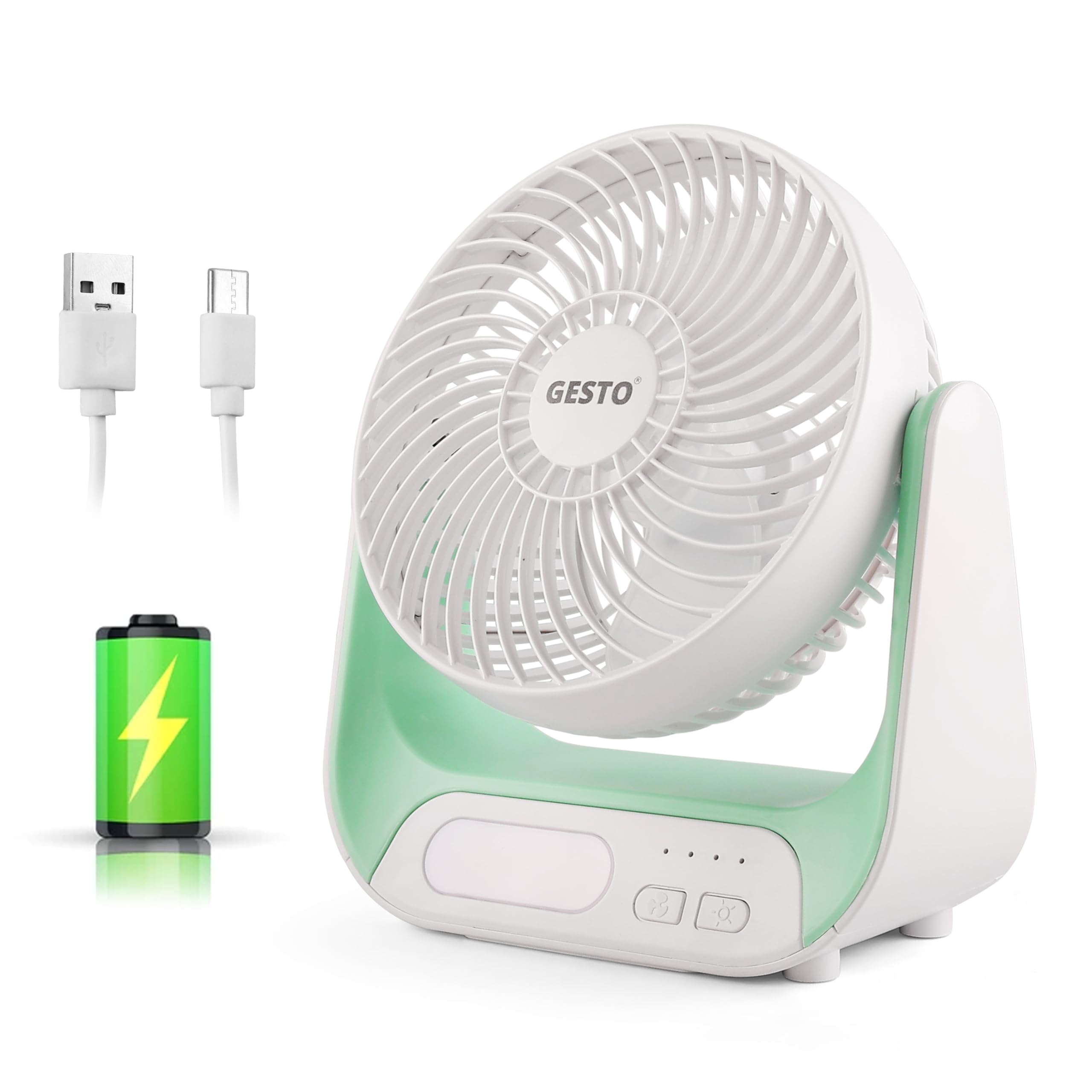 Gesto 7.4 Inch High Speed Rechargeable Table Fan for Home – USB Charging Battery Fan With Led Light | 2400mAh Battery, Upto 8 Hours Runtime | 3 Speed Modes Portable fan for Home, Office,Kitchen-Green