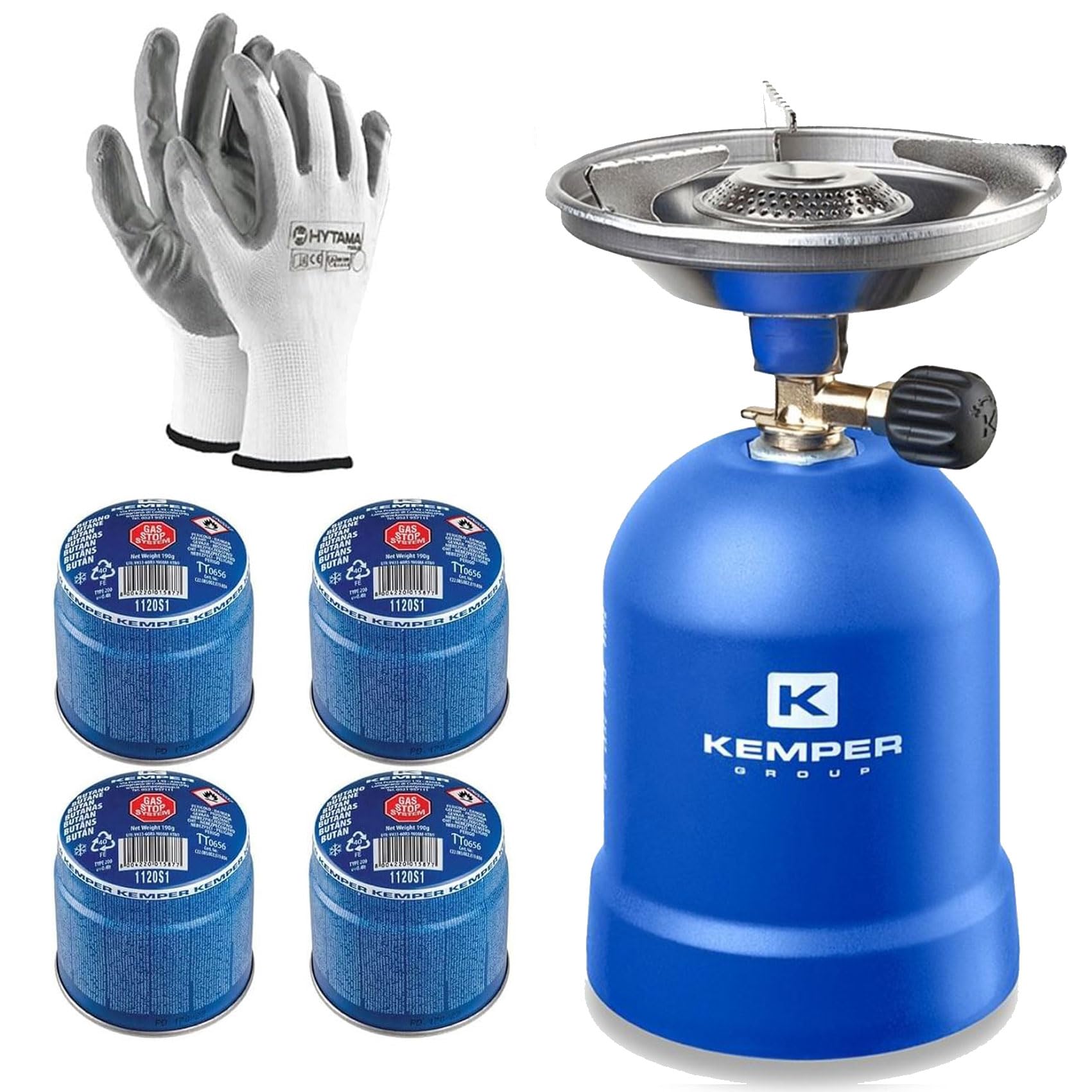Kemper KE2009 Fornello a Gas da Campeggio Antivento con 4 Cartucce Butano 1120S1 + 1 Paio di Guanti Omaggio | Portatile con Valvola Regolabile per Outdoor, Campeggio, Trekking, Emergenze