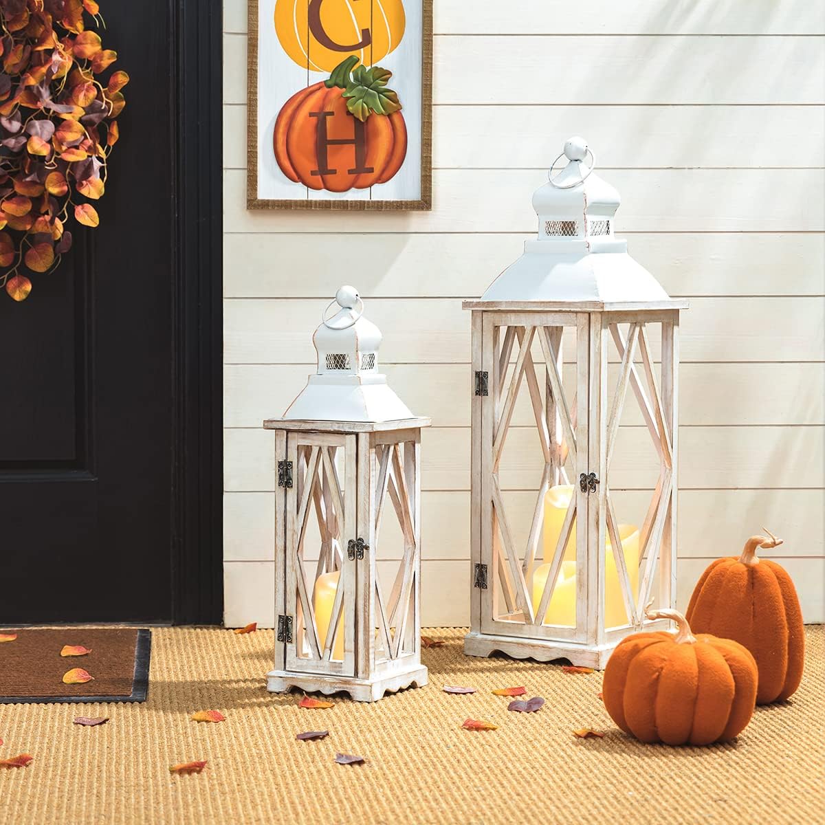 Diamond White Painted Wood Hanging Tabletop Candle Lantern Set