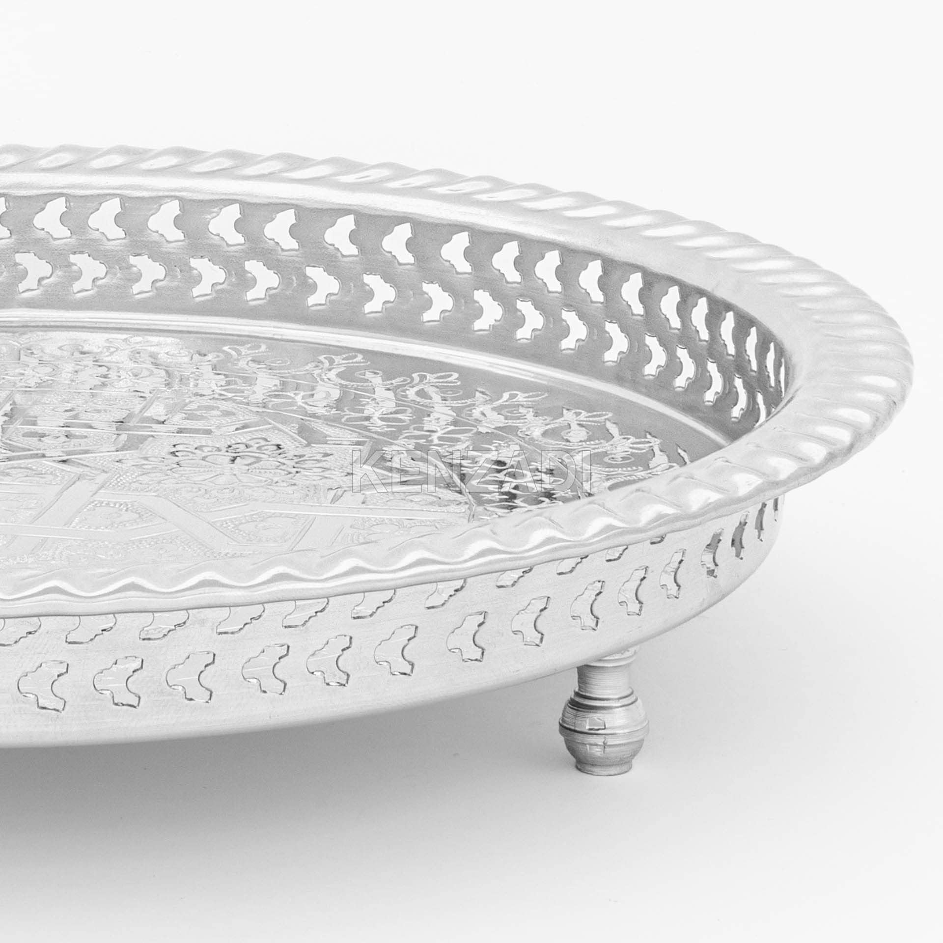 12.2 Inch Moroccan Handmade Serving Tea Tray Silver Plated Brass Handcrafted Plate in Fez Morocco