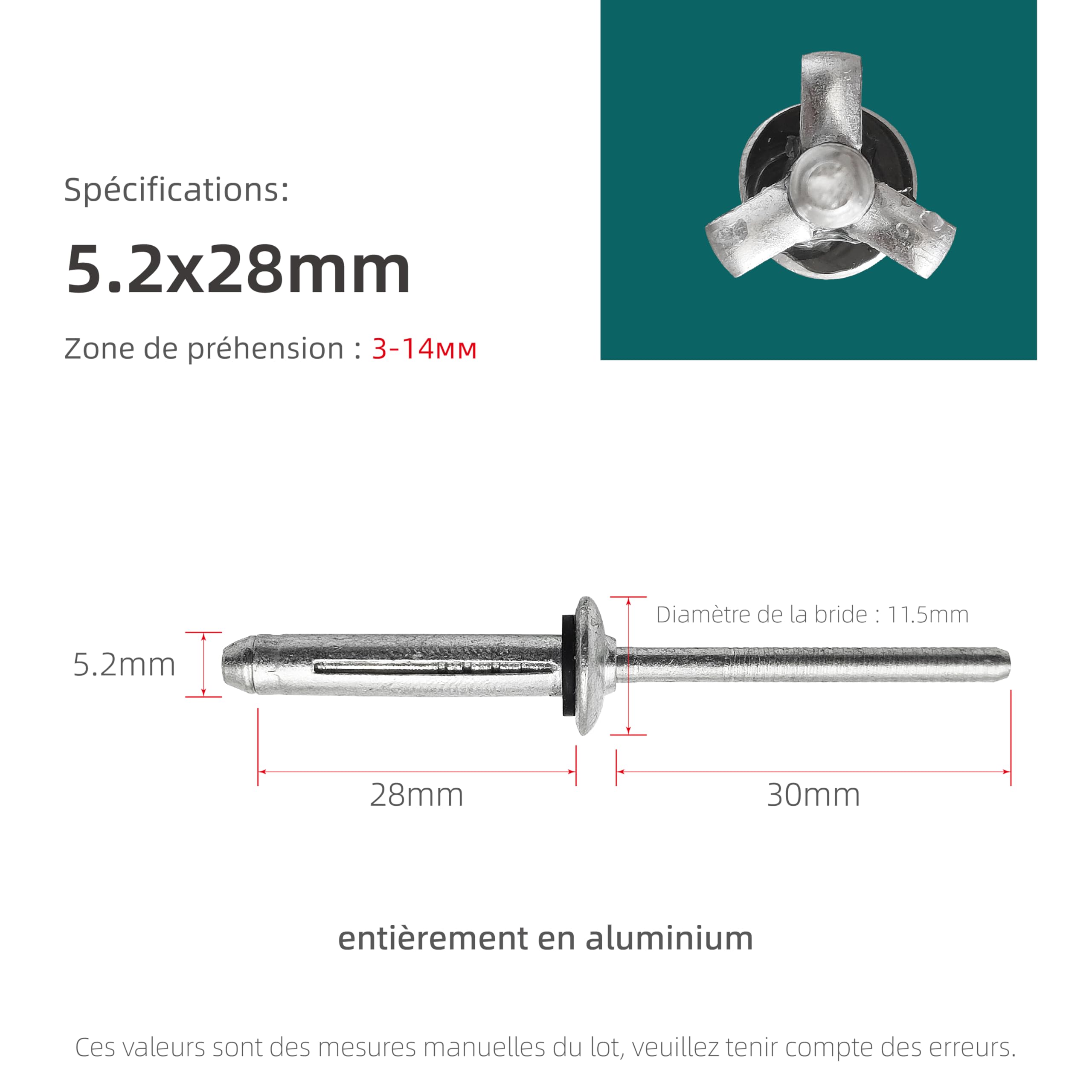 Remaches ciegos de aluminio de expansión múltiple con junta tórica - Juego de remaches de cabeza bulbosa para plásticos o materiales flexibles (Ø5.2x28mm - 50 piezas)