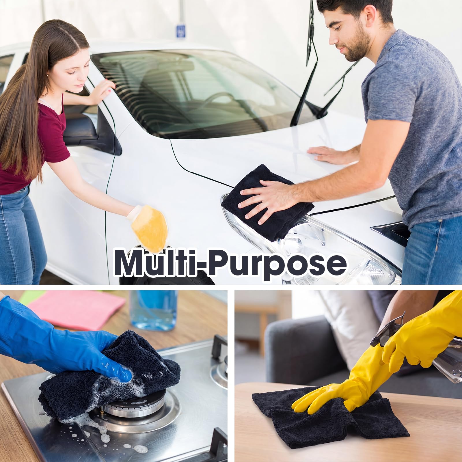 Shimeyao 40 Stück randlose Mikrofaser-Plüsch-Handtücher für Autos, Details, Trocknen, Waschen, Polieren, saugfähige Reinigungstücher, 500 g/m² (40 x 40 cm, schwarz)