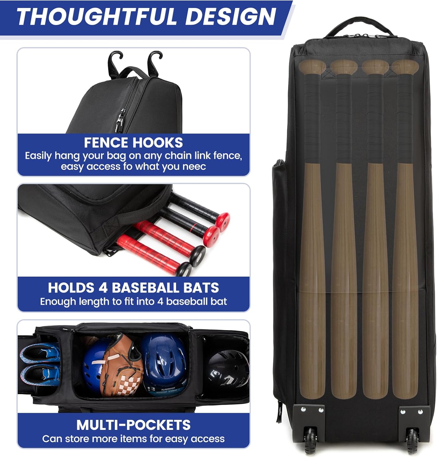 Rolling Baseball Catchers Gear Bag with Wheels, Large Baseball Softball Bag for 4 Bats with Shoe Compartment, Fence-Hooks and Multi-Pockets.