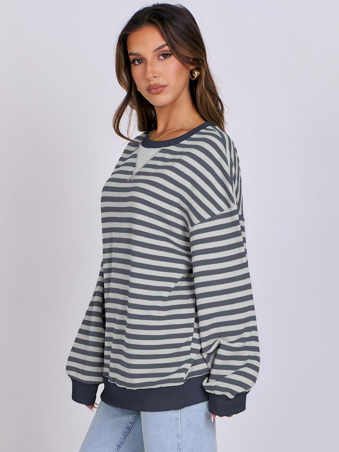 ANRABESS Women’s Striped Oversized Sweatshirts Crew Neck Long Sleeve Shirts Soft Color Block Pullover Top Fashion Clothing