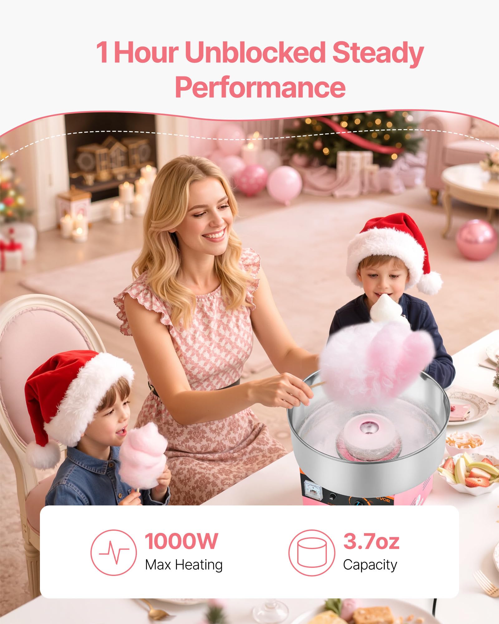 VEVOR Máquina de Algodón de Azúcar Eléctrica 1000 W Capacidad de 100 g de Azúcar 38 x 38 x 34 cm Fácil de Instalar y Desmontar Fácil de Usar con Azucarero y Cuchara para Hogar, Fiestas, Rosa