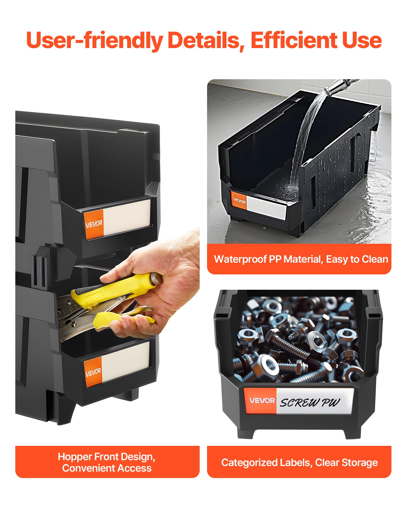 VEVOR Contenitori Impilabili in Plastica, 377 x 215 x 180 mm, 6 Pezzi, Contenitori in Plastica per Organizzare Oggetti in Armadio, Garage, Piccole Parti, Forniture per Ufficio, Altri Accessori, Nero