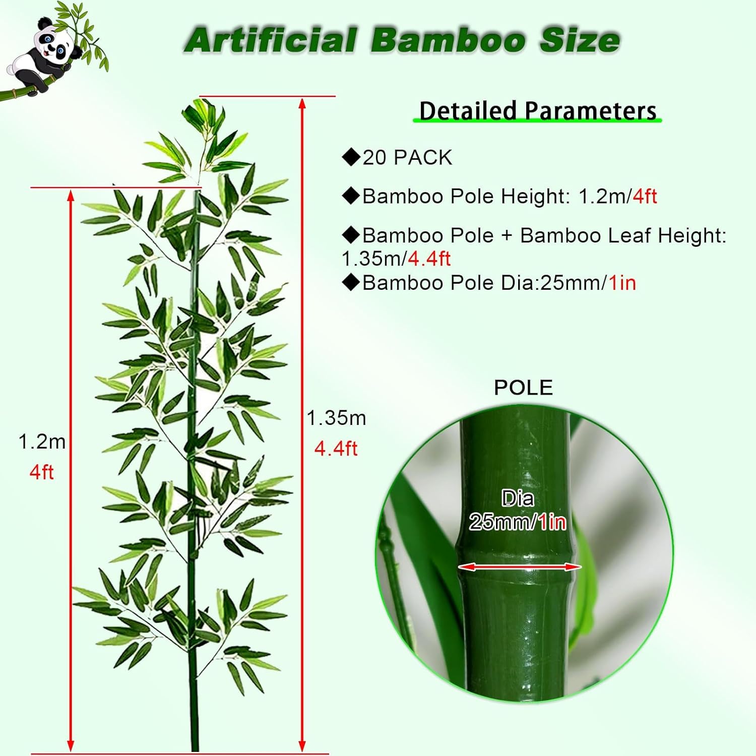 Artificial Bamboo Tree 4FT (20 Pack) - Fake Bamboo Plant Privacy Screen Outdoor with Zip Ties & Decor, UV-Resistant Faux Bamboo Poles for Patio, Garden, Balcony & Indoor Decor