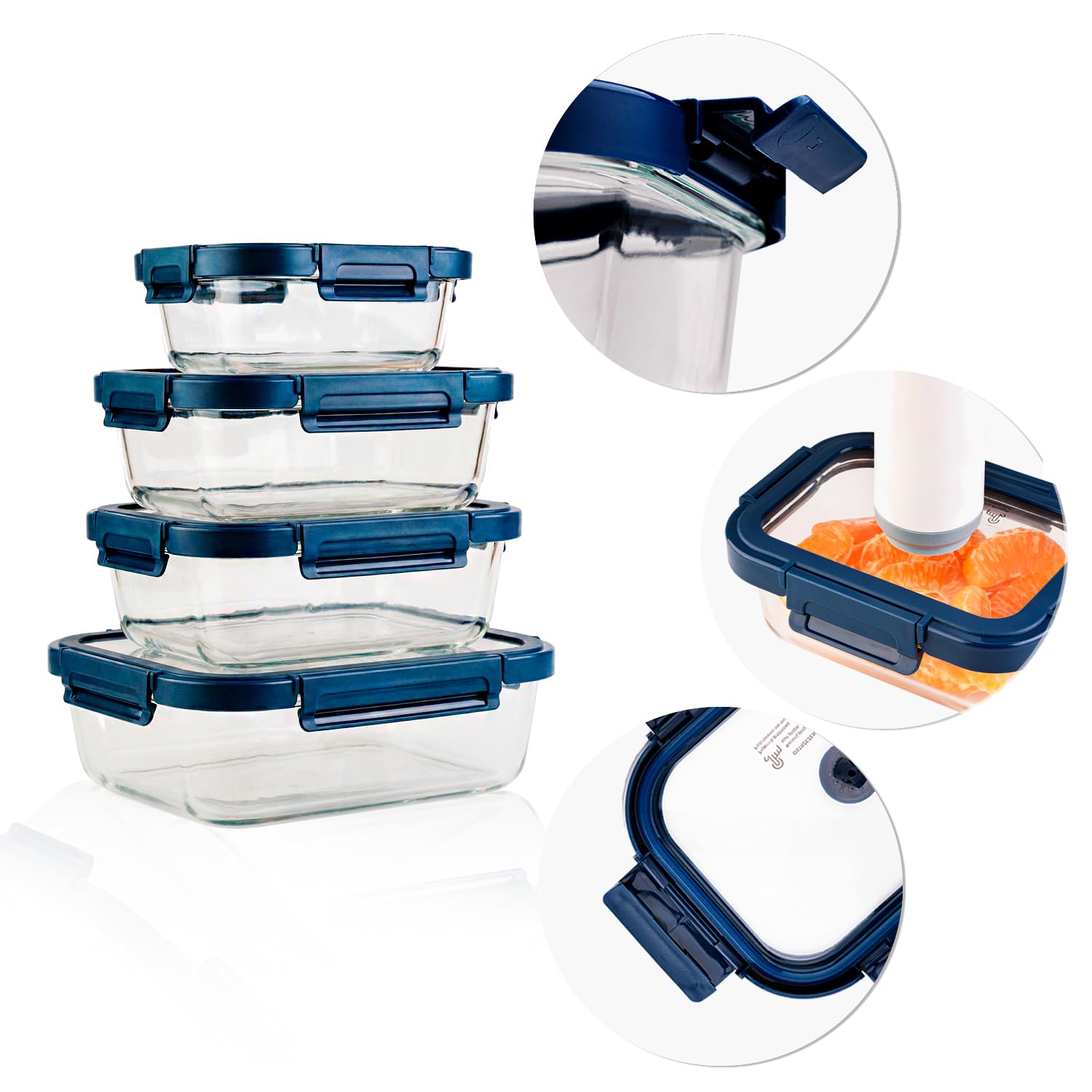 Set di contenitori per sottovuoto (370, 640, 1000, 1500 ml) – contenitori rettangolari in vetro per alimenti – Adatto per congelamento, forno, microonde, lavastoviglie