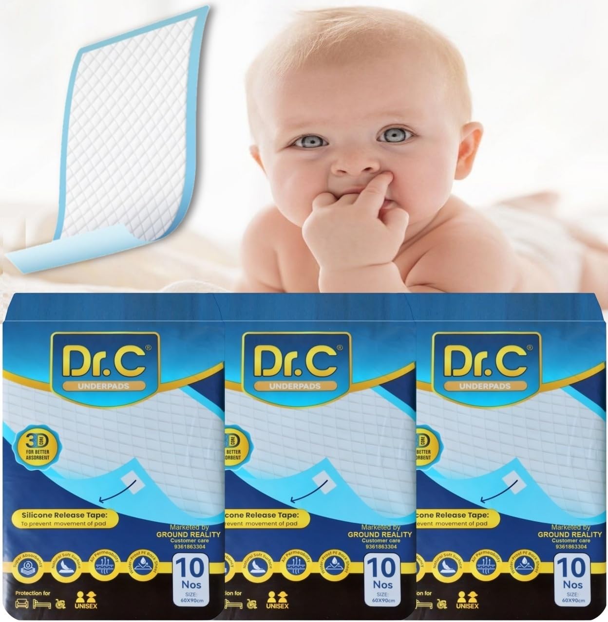 Dr C New 3D Core Disposable Baby Underpad Bed Pad Changing Mat Pad Liners for Newborn Baby Kids with Non Slip Tape Leak Proof Diaper Changing UnderPads Superior Absorbency 10 Sheets Large 60x90cm-image-47