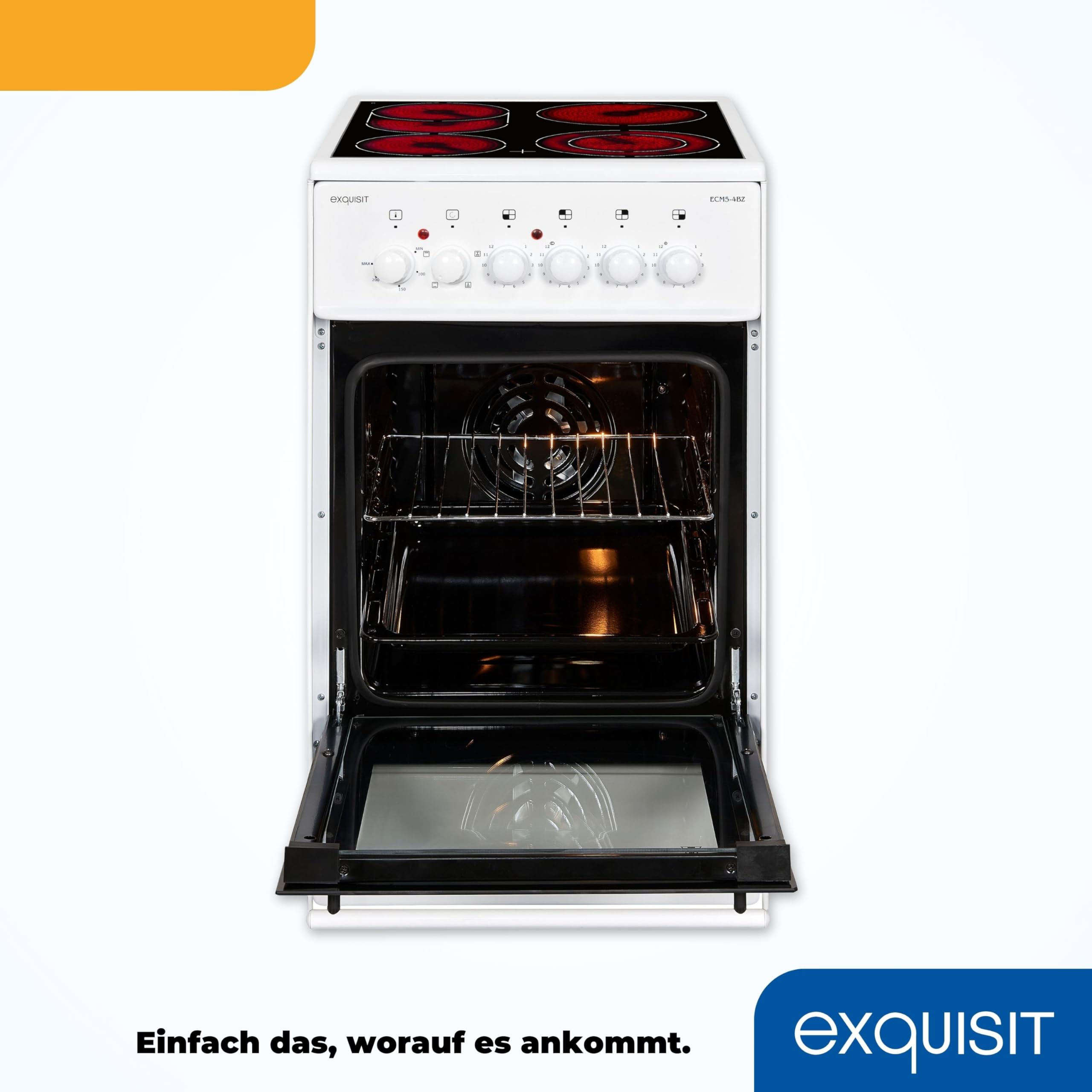 Exquisit Standherd 50 cm Elektroherd freistehend Glaskeramik-Kochfeld 2-Kreis-Bräterzone Backofen Umluft 46 Liter Energieklasse A Weiß