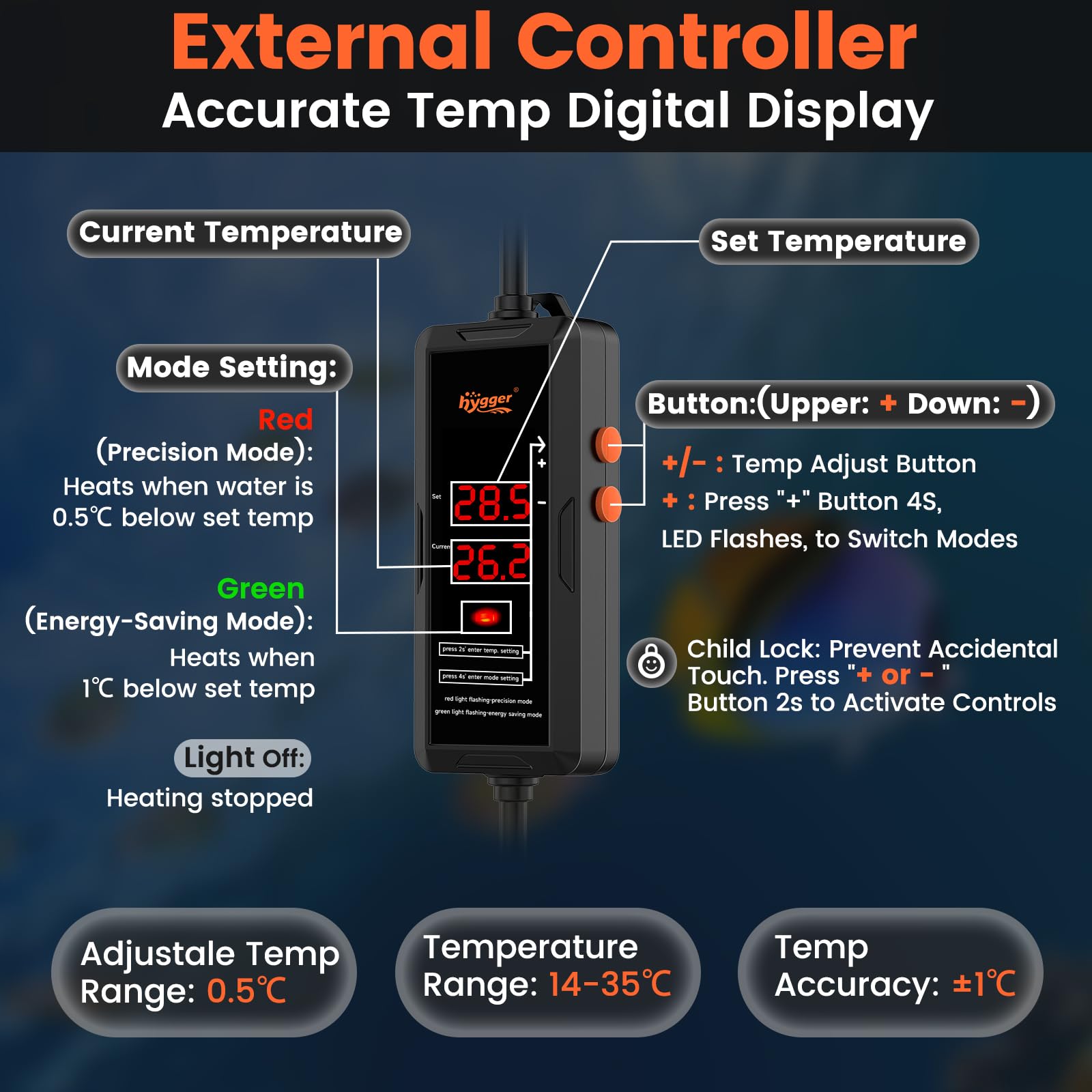 hygger Chauffage d'aquarium 300W-1000W, Chauffage Aquarium,2 Modes de Travail avec numérique Externe LED contrôleur, température réglable 15-34 ℃ pour 150-908L (800W (302-757L))