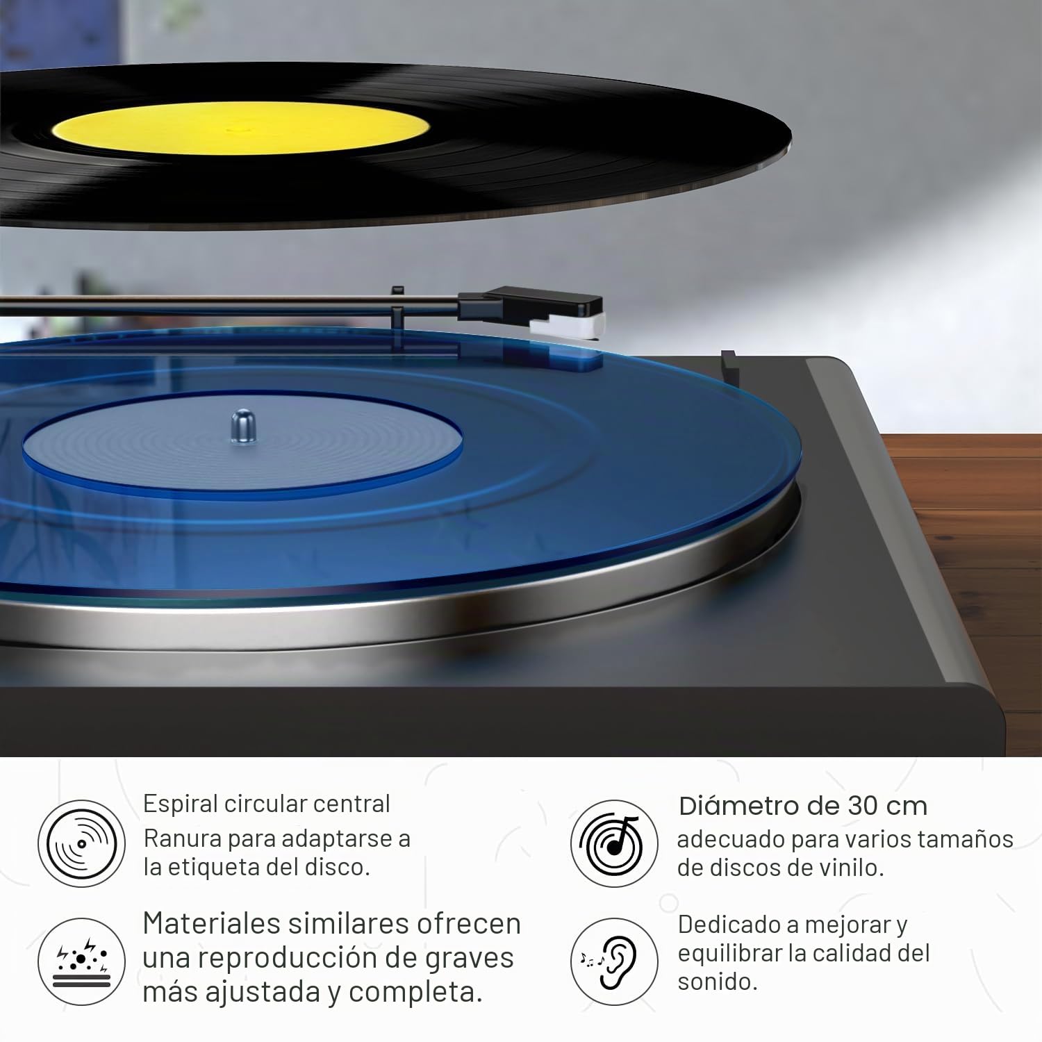 Alfombrilla giratoria para tocadiscos, alfombrilla antideslizante de vinilo para tocadiscos antiestático más apretado y definido, azul