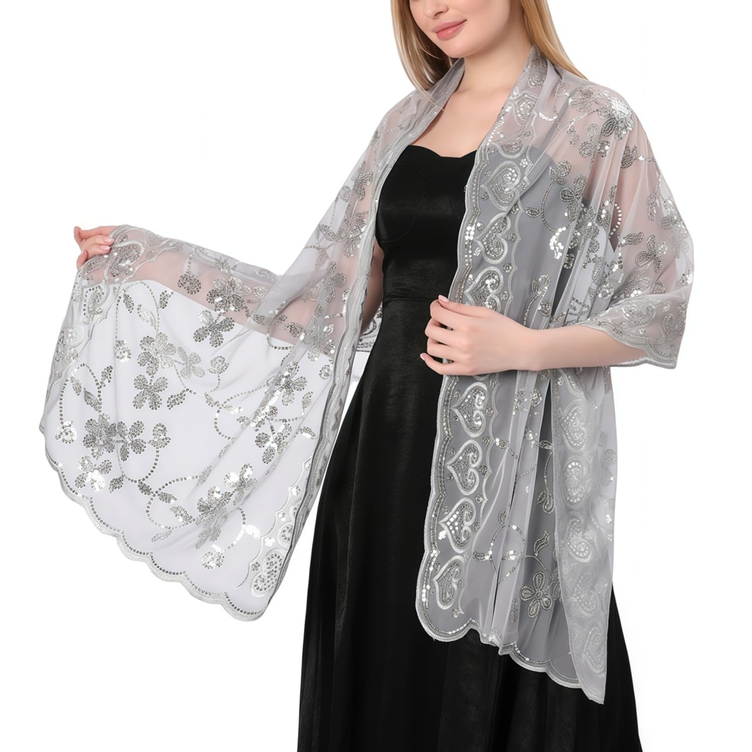 MANJIAMEI Women's Flower Heart Sequin Shawls and Wraps for Evening Dresses, Elegant Embroidered Sparkly Long Scarf Sheer Mesh Wedding Stole for Bridal Ladies Cocktail Parties Proms, Silver